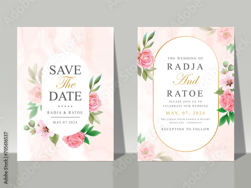 beautiful pink roses wedding invitation card set