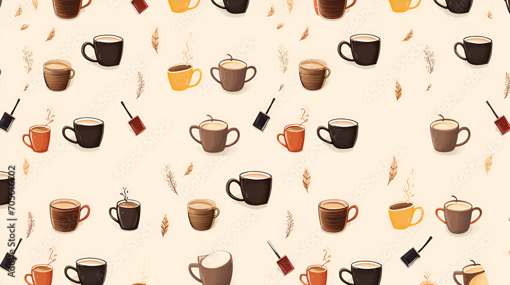 pattern of coffee mugs notepads pencils, beige background pattern of coffee mugs notepads pencils, beige background