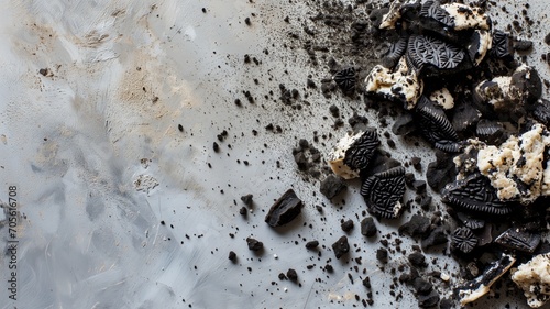 Crumbled cookies and cream dessert scattered over a textured background