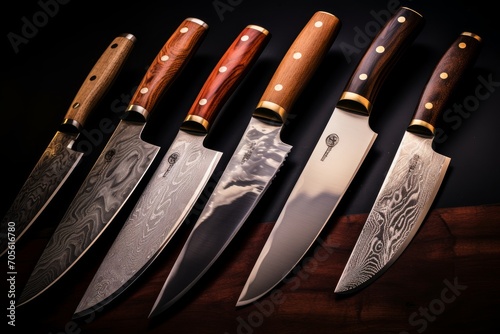 Photo of a set of professional chef's knives with razor-sharp blades. Generative AI