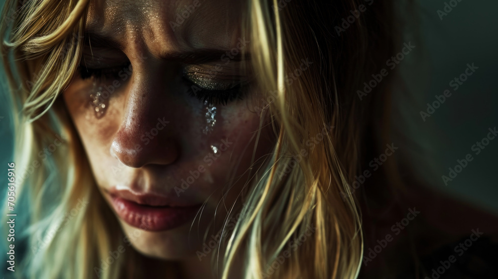 A blonde woman is sad, her face is covered with tears and makeup dirty A blonde woman is sad, her face is covered with tears and makeup dirty