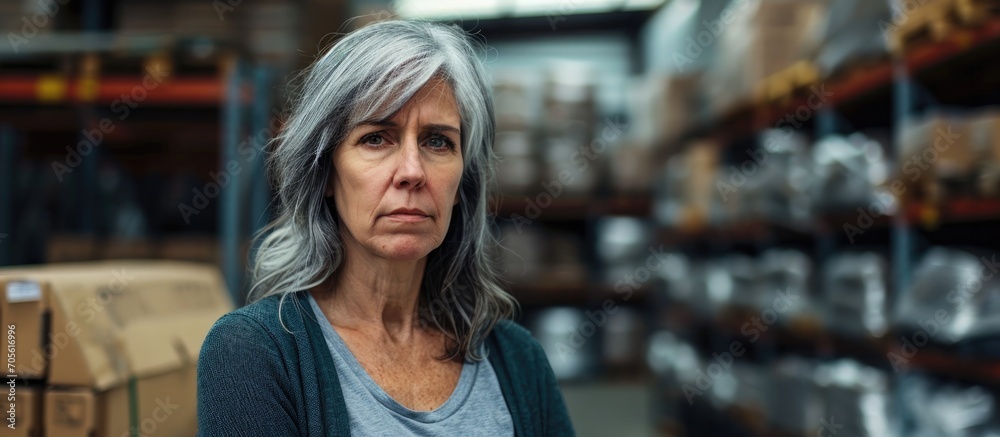 Middle-aged woman with gray hair feeling skeptical and anxious, frowning and upset due to an issue at a warehouse. Pessimistic individual.