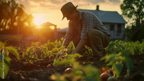 A young American farmer plants tomatoes with a house in the background