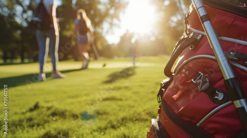 Close-up of golf bag with people in background photo