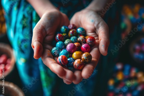 Hand of a craftswoman holding a bead. Handicrafts made from beads photo