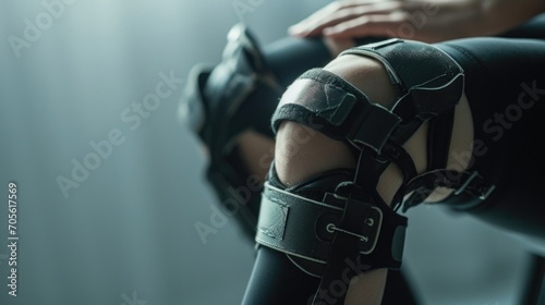 A detailed view of a person wearing knee braces. This image can be used to depict injury, rehabilitation, or physical fitness photo