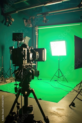 A professional studio with a green screen setup. Ideal for chroma keying and adding custom backgrounds