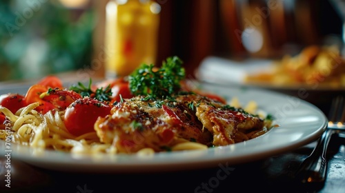 A delicious plate of pasta garnished with fresh tomatoes and parsley. Perfect for Italian cuisine or food-themed projects