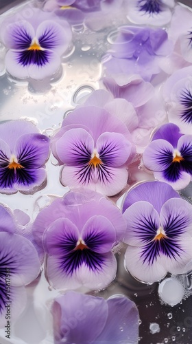 Pansy float on water. Purple flowers close up. Macro floral background top view.