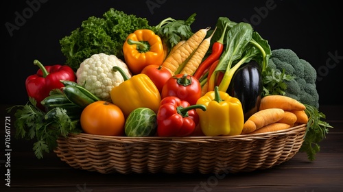 Colorful harvest vegetables in woven basket, showcasing texture, variety, and warm natural light