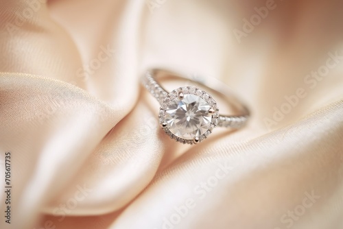 Photo of a sparkling diamond engagement ring in soft, natural light. Generative AI