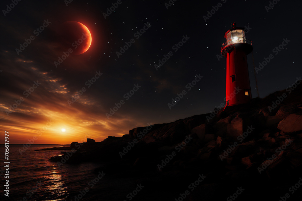 Lighthouse on the rocky coast at sunset. Dramatic red sky