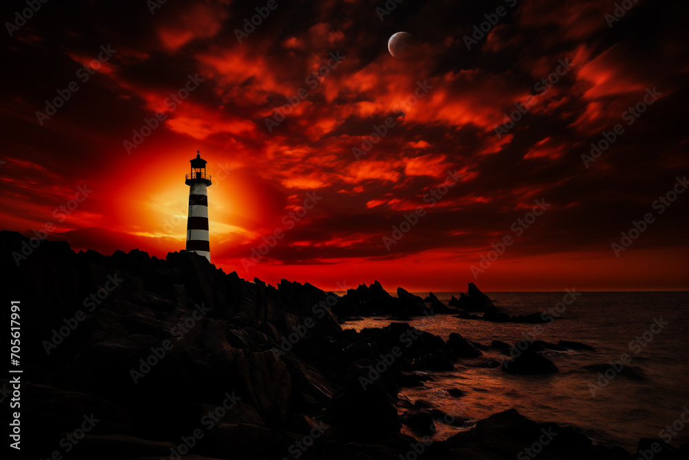 Lighthouse on the rocky coast at sunset. Dramatic red sky