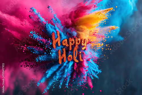 Happy Holi colorful powder explosion on dark blue background. festival concept ai generated art