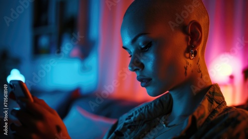 A woman with a shaved head looking at a cell phone. Can be used to depict modern technology usage or to convey a sense of individuality and uniqueness.  87 characters 