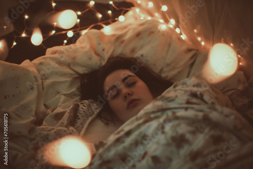 Young beautiful woman sleeping in bed with garlands and lights on background