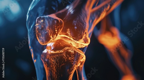 Close up view of a human knee with glowing bones. Perfect for medical or scientific illustrations photo