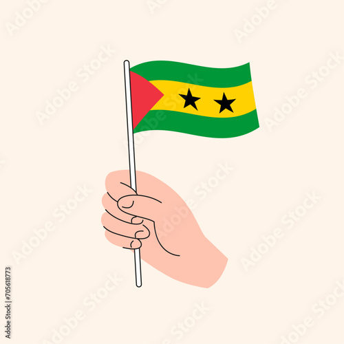 Flag of Sao Tome and Principe, Central Africa, Isolated Flat Illustration. Cartoon Hand Holding Sao Tomean Flag, Simple Vector Design. 
