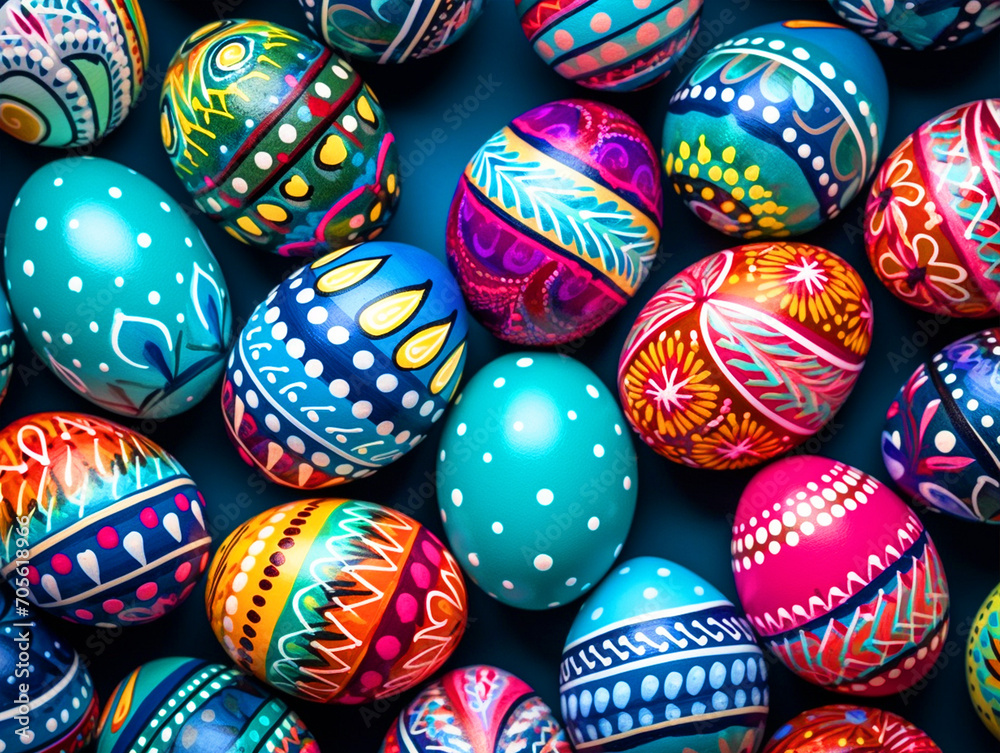 Colorful Easter eggs with patterns top view - ai generative