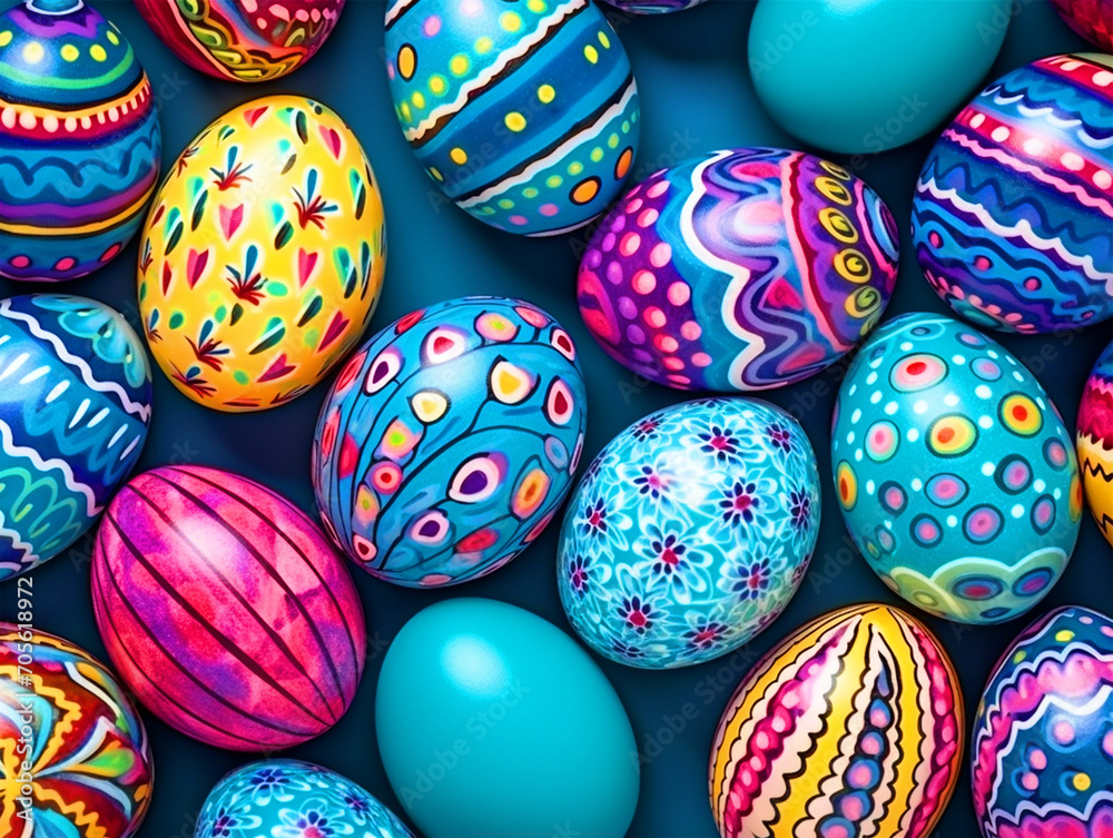 Colorful Easter eggs with patterns top view - ai generative Colorful Easter eggs with patterns top view - ai generative