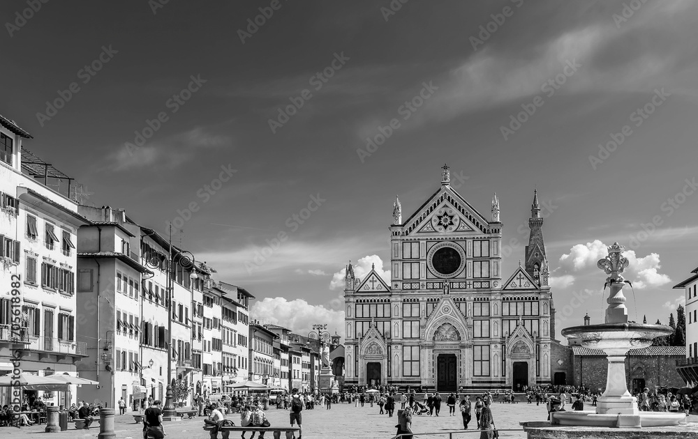 Black and white view of the famous Piazza Santa Croce in the historic center of Florence, Italy