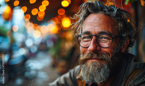 Portrait of a cheerful bearded man with a warm smile, radiating positivity and confidence, standing casually outdoors with a modern urban backdrop