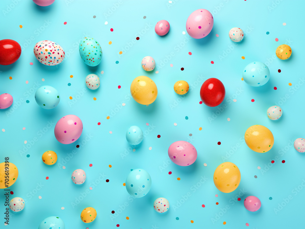Colorful Easter eggs on isolated blue background top view - ai generative