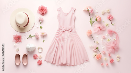 pink and white dress, Fashion pastel composition with female clothes and accessories. Flat lay, top view, Ai generated image