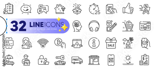 Outline set of Sunbed, Headphones and Repair document line icons for web with Alcohol addiction, Bitcoin pay, Street light thin icon. Market, Car key, Checkbox pictogram icon. Vector