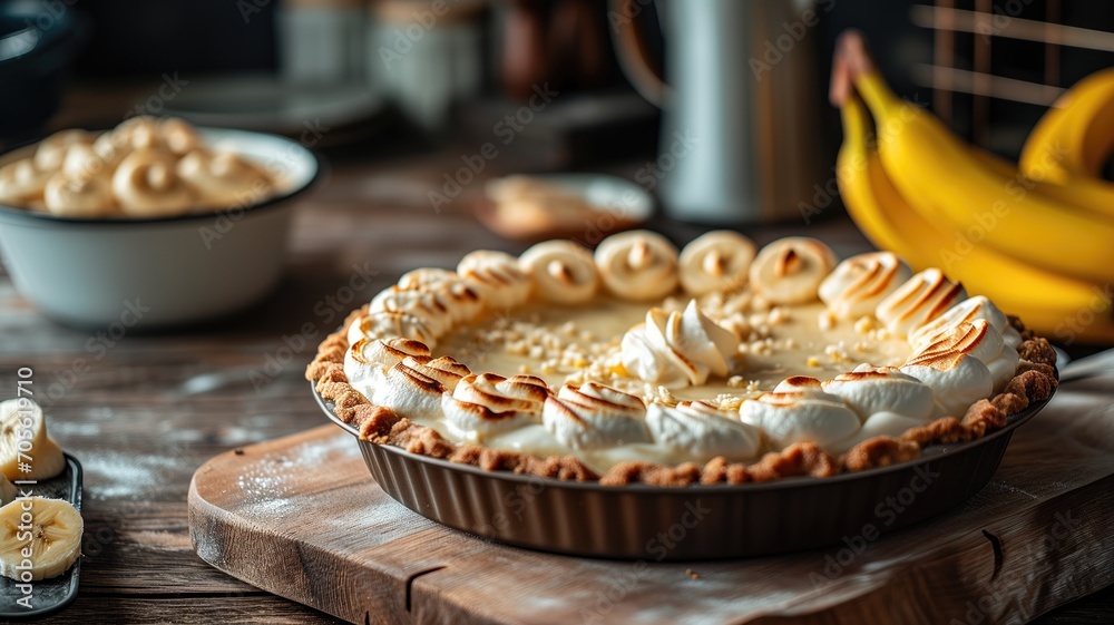 Banana cream pie on a wooden board Banana cream pie on a wooden board