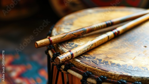 Close-up of a traditional drum with detailed sticks