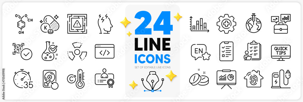 Icons set of Seo script, Chemistry lab and Qr code line icons pack for app with Presentation, Celsius thermometer, Chemical hazard thin outline icon. Diagram graph, Medicine, English pictogram. Vector Icons set of Seo script, Chemistry lab and Qr code line icons pack for app with Presentation, Celsius thermometer, Chemical hazard thin outline icon. Diagram graph, Medicine, English pictogram. Vector