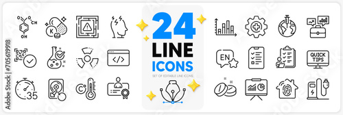 Icons set of Seo script, Chemistry lab and Qr code line icons pack for app with Presentation, Celsius thermometer, Chemical hazard thin outline icon. Diagram graph, Medicine, English pictogram. Vector