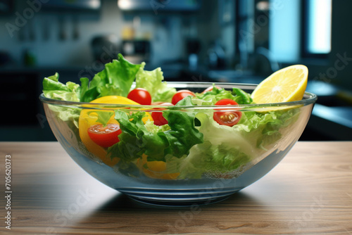 Seasonal summer vegetable salad in a glass bowl. Vegan organic food, dietary meal in a rustic style. © Ruslan Gilmanshin
