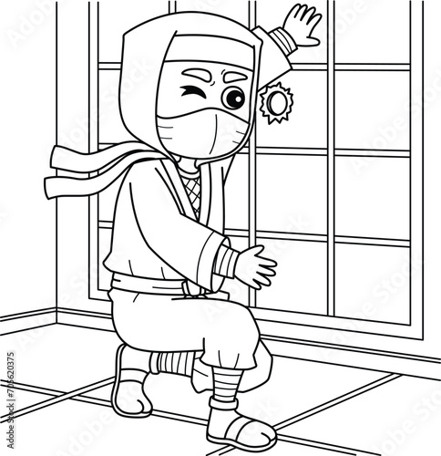 Ninja Peeking through Hole Coloring Page for Kids