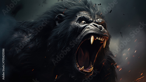 Silverback - adult male of a gorilla face. A gorilla appears to be angry  mouth open  yawning.