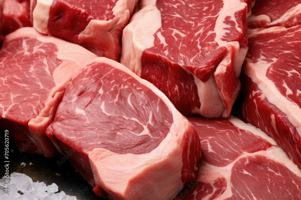 Marbled meat, top blade meat steak, on table background, with copy space for text.