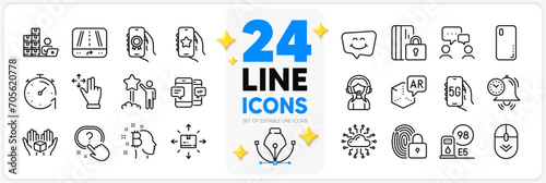 Icons set of Lock, Support and Augmented reality line icons pack for app with 5g internet, Scroll down, Timer thin outline icon. Favorite app, Smile chat, Time management pictogram. Vector