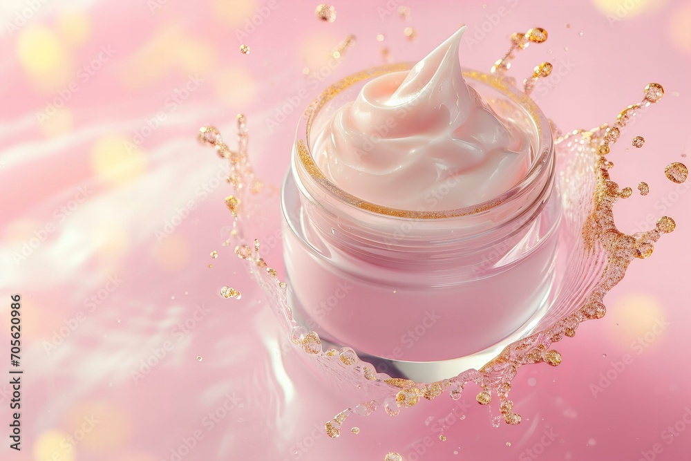 Open glass jar of cream with splashes of gold serum,pastel pink background cosmetics ad Open glass jar of cream with splashes of gold serum,pastel pink background cosmetics ad