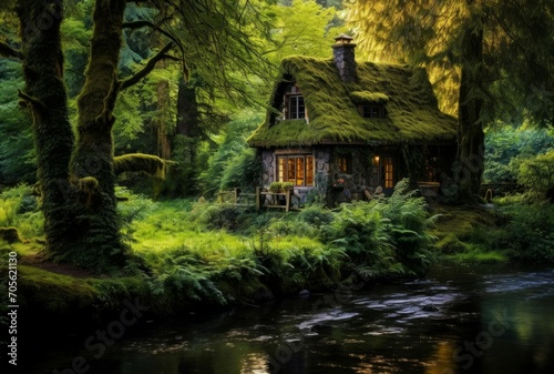 Charming Forest little cottage. Wood grass garden. Generate Ai © juliars
