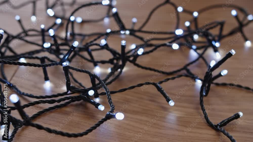 Testing LED Christmas Tree Light on Wooden Floor Close Up 4K Testing LED Christmas Tree Light on Wooden Floor Close Up 4K
