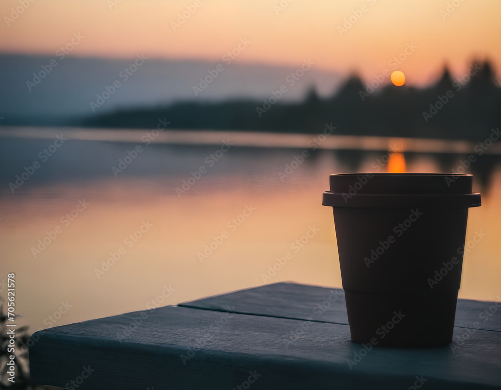 Cup of coffee at sunset. Overlooking a lake. Calm and relaxing vibes. Concepts of taking a break and simple moments. Cup of coffee at sunset. Overlooking a lake. Calm and relaxing vibes. Concepts of taking a break and simple moments.