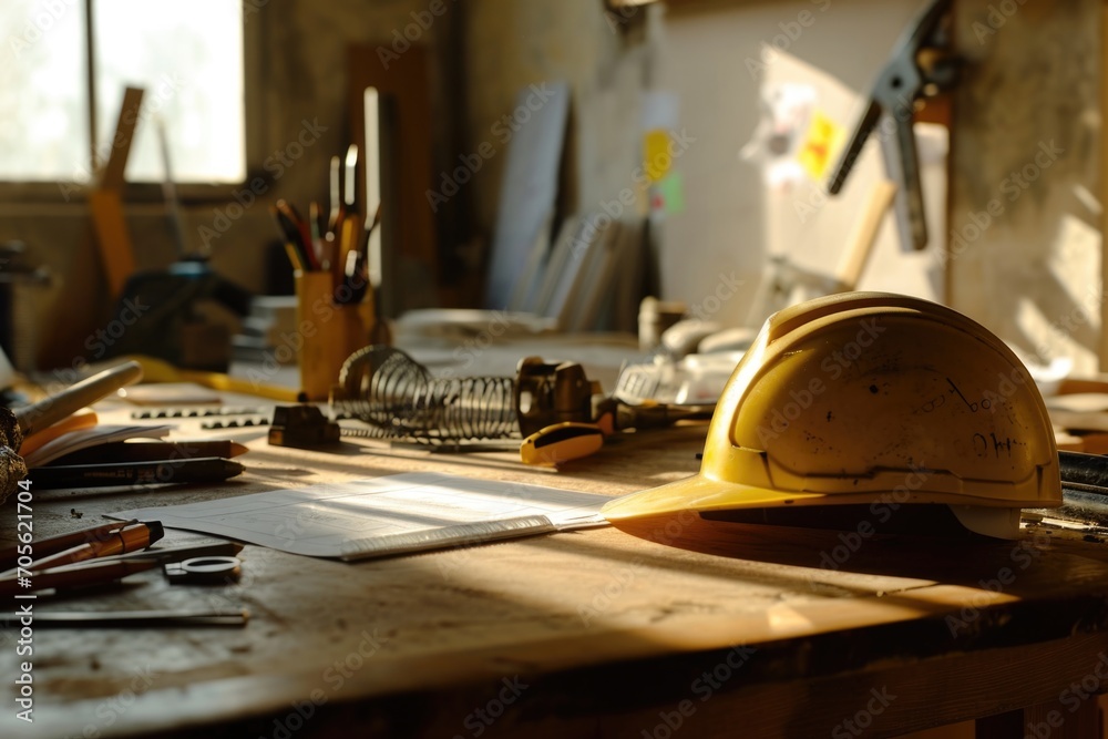 A hard hat sitting on top of a wooden table. Suitable for construction and workplace safety themes