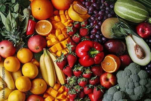 A diverse assortment of fresh fruits and vegetables arranged together. Ideal for promoting healthy eating habits and showcasing the vibrant colors of nature s bounty