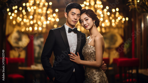 Chinese rich couple dressed in formal attire, men's black suit, woman's evening dress, standing at a fancy banquet venue in the evening photo