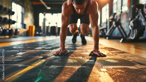 Man in plank position during a workout in a sunlit gym