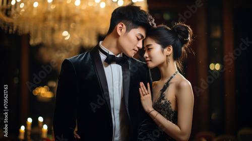 Chinese rich couple dressed in formal attire, men's black suit, woman's evening dress, standing at a fancy banquet venue in the evening