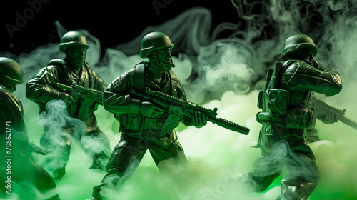 Epic battle scene with plastic green toy soldiers shooting with modern riffles surrounded by smoke , war concept image photo