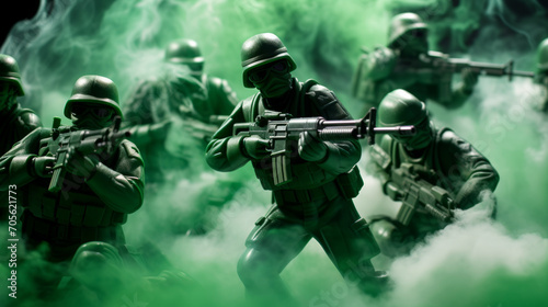 Epic battle scene with plastic green toy soldiers shooting with modern riffles surrounded by smoke , war concept image photo