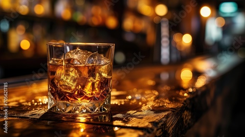 A whiskey on the rocks in a glass on a bar photo